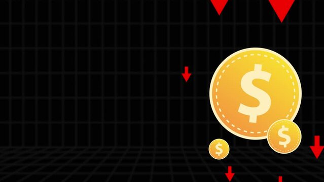 Dollar Coins With Red Arrows Down In Black Grid Background. Financial Problem. animation