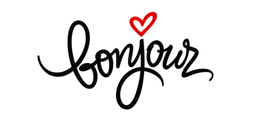Bonjour handwritten vector inscription. French phrase Bonjour! © Inkberry