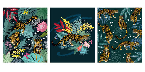 Set of three cards with tropical leaves and jaguar © nurofina