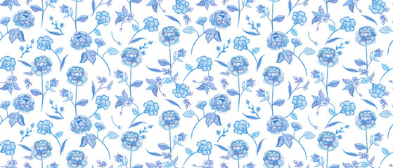 graceful seamless texture with delicate blue flowering twigs. watercolor painting