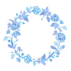 graceful wreath with decorative blue flowering twigs. watercolor painting