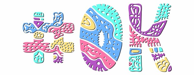 OK Hashtag. Multicolored bright isolate curves doodle letters. Hashtag #OK is abbreviation for the US American state Oklahoma for social network, web resources, mobile apps.