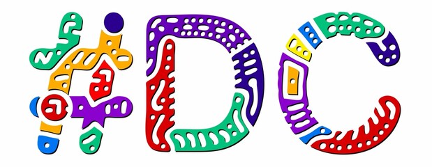 DC Hashtag. Multicolored bright isolate curves doodle letters. Hashtag #DC is abbreviation for the US American District of Columbia for social network, web resources, mobile apps.