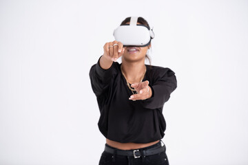 Studio shot of young woman wearing VR headset