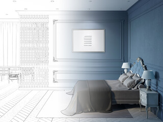 A sketch becomes a real dark blue classic bedroom with a horizontal poster, lamps on bedside tables on the sides of a bed with a luxurious classic headboard, and a carved partition.  3d render