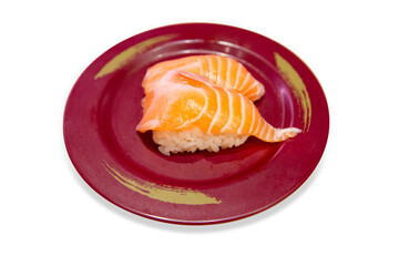 Top view of Japanese fresh salmon sushi with Japanese rice, focus selective