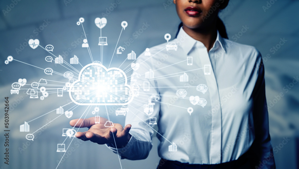 Poster Cloud computing concept. Modern city and communication network. Software as a Service. SaaS. Communication network.
