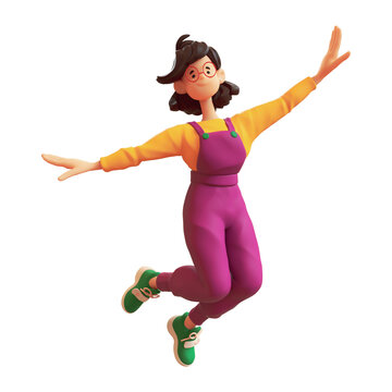 Excited cute сasual asian active brunette girl in purple overalls, yellow t-shirt, green sneakers jumping in the air imitate the flight of airplane with her hands. 3d render isolated on white backdrop