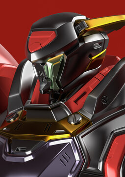 Portrait of a mechanical samurai warrior with glowing yellow eyes. Science fiction military futuristic robot with grey and red color metal. Concept art of a big mech battle with heavy armor. 3D render