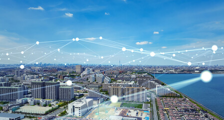 Smart city and communication network concept. 5G. LPWA (Low Power Wide Area). Wireless communication. - obrazy, fototapety, plakaty