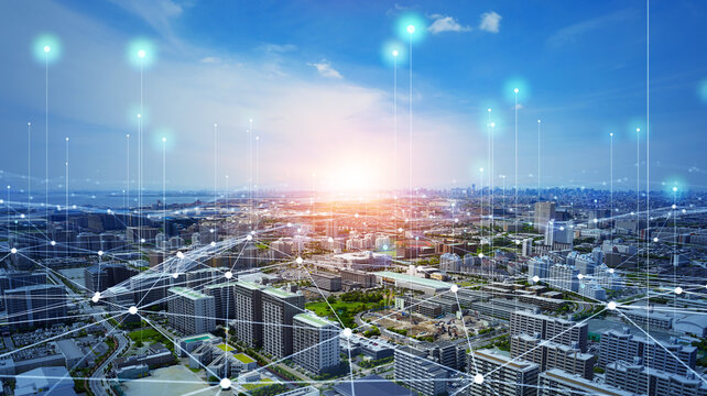 Smart city and communication network concept. 5G. LPWA (Low Power Wide Area). Wireless communication.
