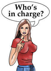 Woman Pointing ('Who's in charge?') - obrazy, fototapety, plakaty