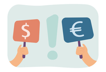 Banners with euro and dollar signs in human hands. Exclamation mark between signs of currency unit flat vector illustration. Choice, finance concept for banner, website design or landing web page