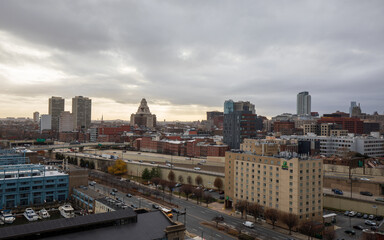 Philadelphia, Pennsylvania, USA - December 15 2021: Philadelphia downtown skyline. View from Benjamin Franklin Bridge. 
