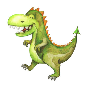 Cartoon watercolour green dinosaur. Funny tyrannosaurus smile. Trace image