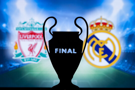 PARIS, FRANCE, MAY. 8. 2022: FC Liverpool (ENG) vs Real Madrid (ESP). UEFA Champions League Final 2022 in Paris, France, football soccer, Black UCL Trophy Silhouette, logo in background. 28. May 2022