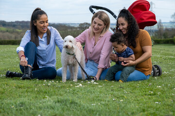 Fototapeta premium Women sitting on grass with baby boy and dog