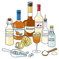 Doodle cartoon Brandy Crusta cocktail and ingredients composition. Bottles of brandy and maraschino liquor, orange curacao, ice scoop and lemon. For bar menu, stickers or alcohol cook book recipe.