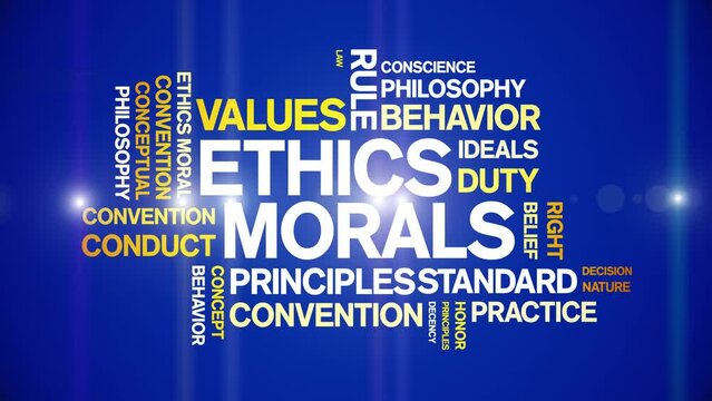 Ethics Morals animated tag word cloud;values text design animation kinetic typography seamless loop.