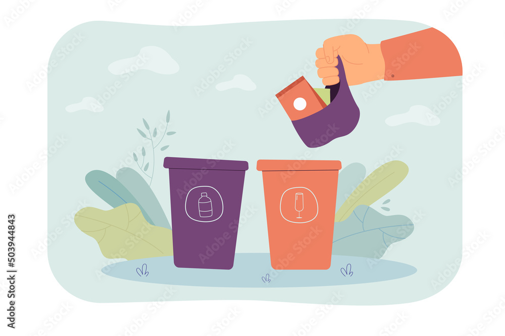 Poster hand throwing garbage into trash container. dustbins for different types of waste flat vector illust