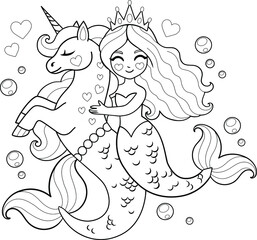 Image of Beautiful mermaid princess with kelpie horse. Vector outline for coloring page printed on Printed Glass Basin Splashbacks