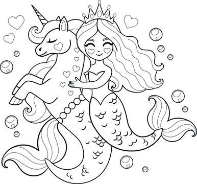Beautiful mermaid princess with kelpie horse. Vector outline for coloring page