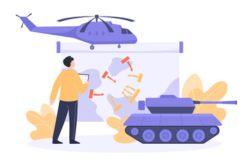 Fototapeta na wymiar Man looking at combat map flat vector illustration. Tank weapon system and helicopter. War strategy or tactics, conflict of nations, analysis of military operation concept