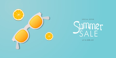 Summer sale colorful banner background. Top view on sun glasses, and orange slices in blue background. Vector Illustration