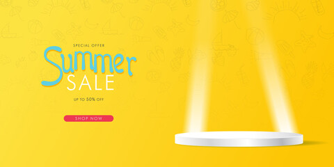 Summer sale colorful banner with product display background. Product presentation, mock up, show cosmetic product, Podium, stage pedestal or platform. Vector Illustration