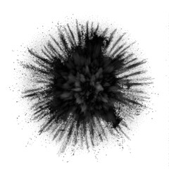 Black charcoal ink powder explosion background. Charcoal dust explosive splatter on white background