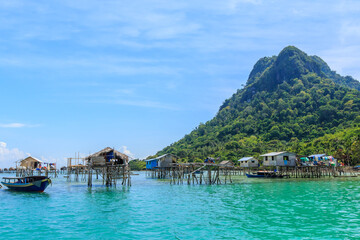 Beautiful landscapes view borneo sea gypsy water village in Bodgaya Mabul Island, Semporna Sabah, Malaysia.