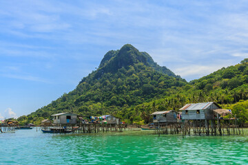 Beautiful landscapes view borneo sea gypsy water village in Mabul Bodgaya Island, Malaysia.