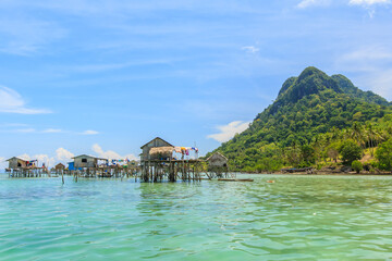 Beautiful landscapes view borneo sea gypsy water village in Mabul Bodgaya Island, Malaysia.