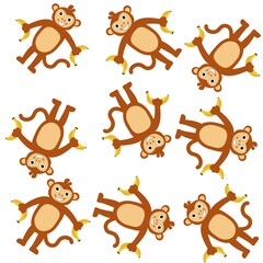 Decorative pattern with young smiling monkeys holding bananas on white color background