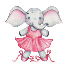 Watercolor illustration of hand painted grey elephant girl in dance studio in pink dress and ballet shoes with laces. Cartoon animal character. Isolated clip art for children fabric textile print © Olga Sidelnikova