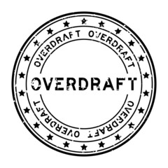 Grunge black overdraft word with star icon round rubber seal stamp on white background