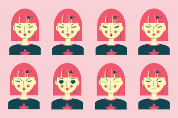 Set of emotions asian girl with pink hair cheerful sad surprised lover face. Emotional manifestation on the face of a teenager girl