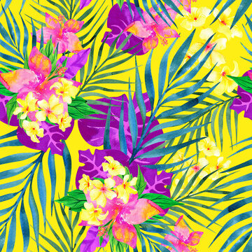 Summer tropical colorful print on yellow background, watercolor vintage floral seamless pattern