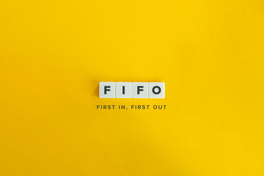 FIFO (first in, first out) Banner. Letter Tiles on Yellow Background. Minimal Aesthetics.