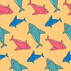 Shark cute design with sea animals toothy shark, seamless pattern for wrapping paper