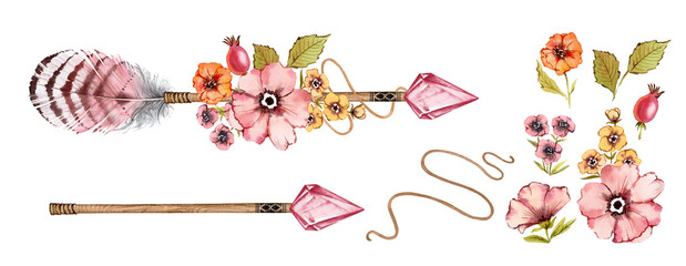 Watercolor arrow and flowers set. Tribal boho elements: crystal arrowhead, feathers, pink vintage florals. Hand painted illustration for print, logo and birthday invitation © Katerina Kolberg