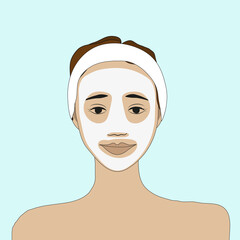 A girl with a hairband with a fabric mask on her face, cosmetic procedures for the skin