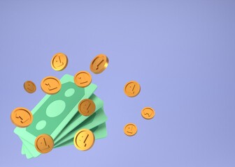 3d green banknotes flying with coins