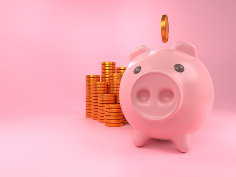 3d Pink Money Pig With Golden Coins