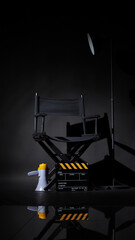 Black director chair and Clapper board or movie slate with megaphone and lamp on black background