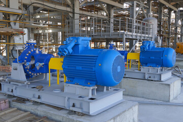 Industrial pump with an electric motor for pumping oil and gas at a production site in Russia