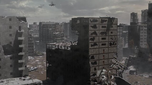 War in Ukraine. The ruined city, debris of buildings, smoldering parts of Mariupol city structures. Fighting tanks drive through the occupied city, helicopters fly in the sky. The horror of war these