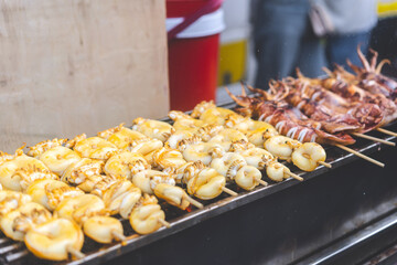 Thai style of grilled squid barbeque street food
