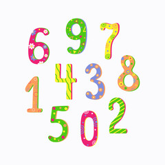 The numbers are multi-colored in the style of doodle. Set. Design for children's holidays, birthday. Vector illustration.