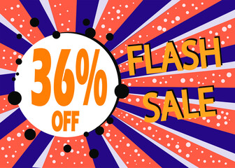 Flash sale 36% off, poster design template, discount banner in white and orange, vector illustration.